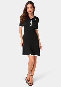 Front View-Color Block Sweater Short Sleeve Dress-Black White