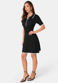 Side View-Color Block Sweater Short Sleeve Dress-Black White