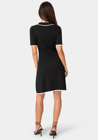Back View-Color Block Sweater Short Sleeve Dress-Black White