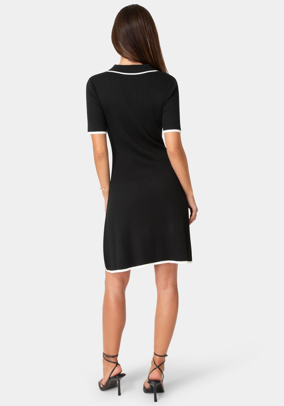 Back View-Color Block Sweater Short Sleeve Dress-Black White