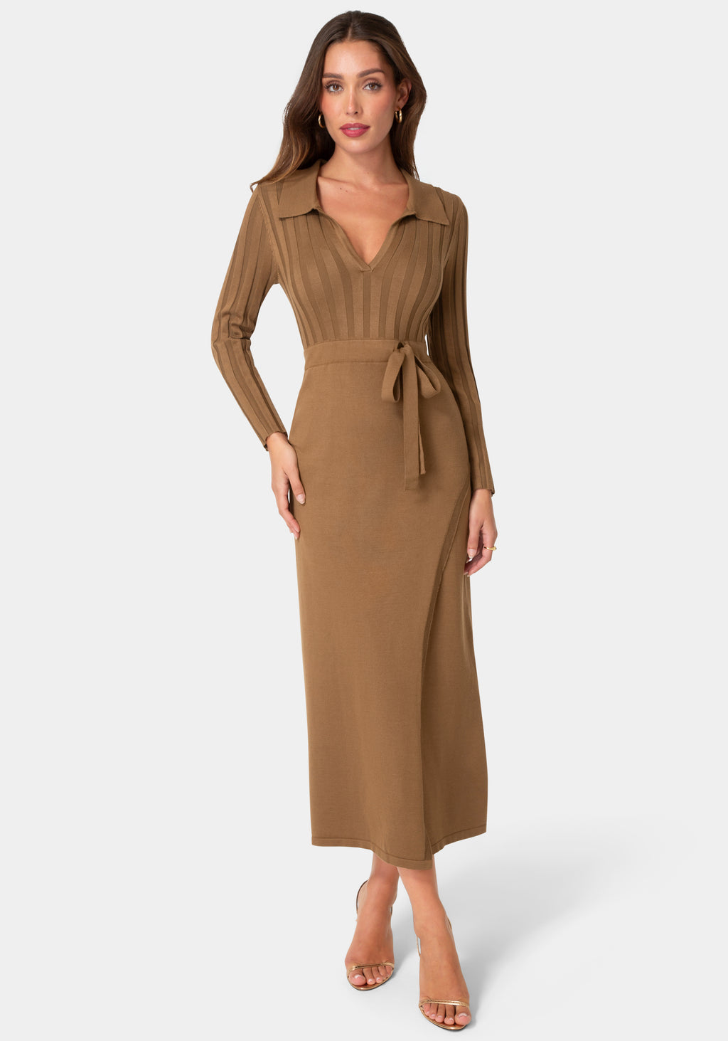 Front View-Sweater V-Neck Maxi Dress with Belt-Mocha