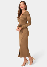 Side View-Sweater V-Neck Maxi Dress with Belt-Mocha