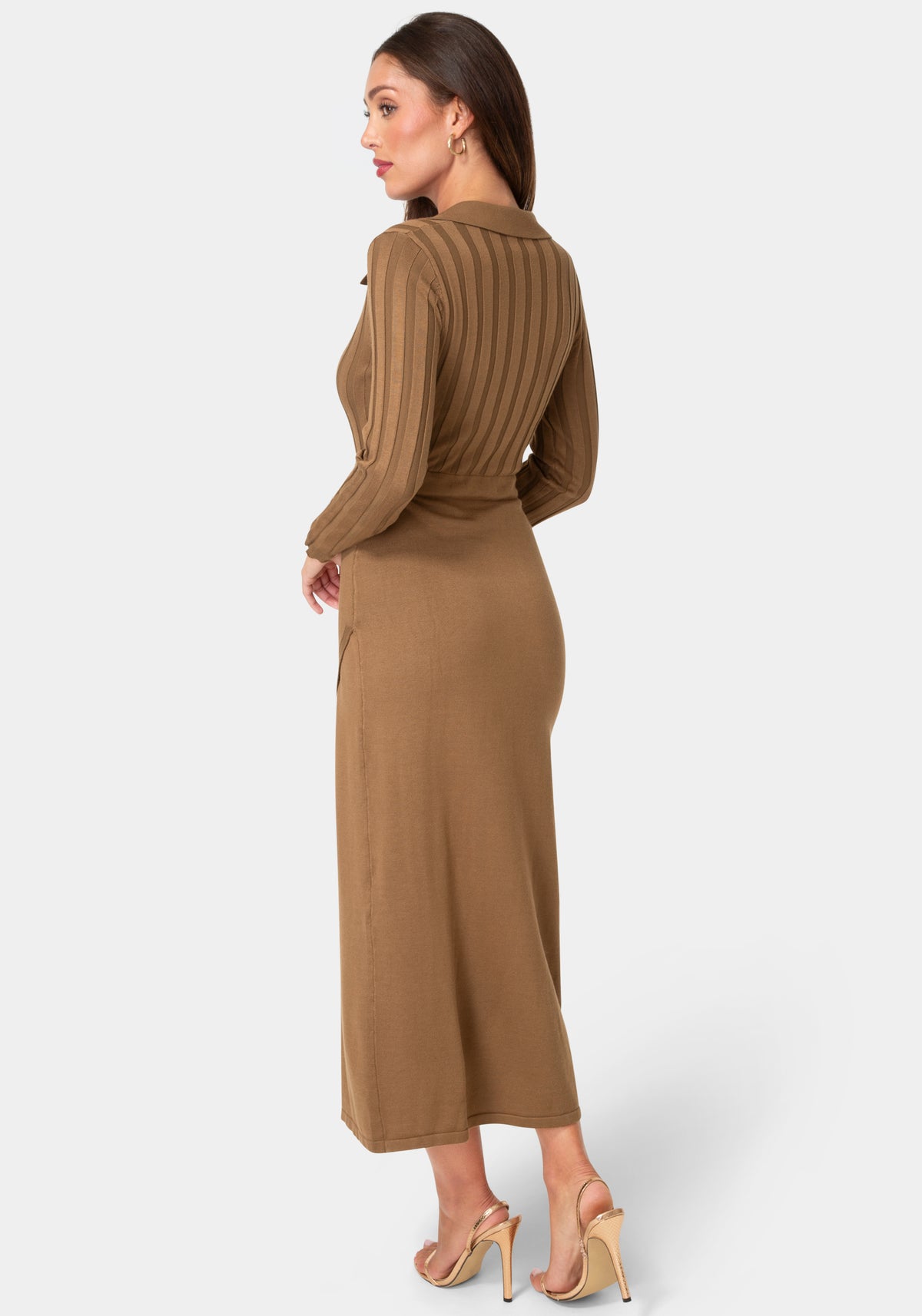 Back View-Sweater V-Neck Maxi Dress with Belt-Mocha