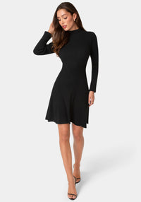 Front View-Sweater Mock Neck Long Sleeve Dress-Black