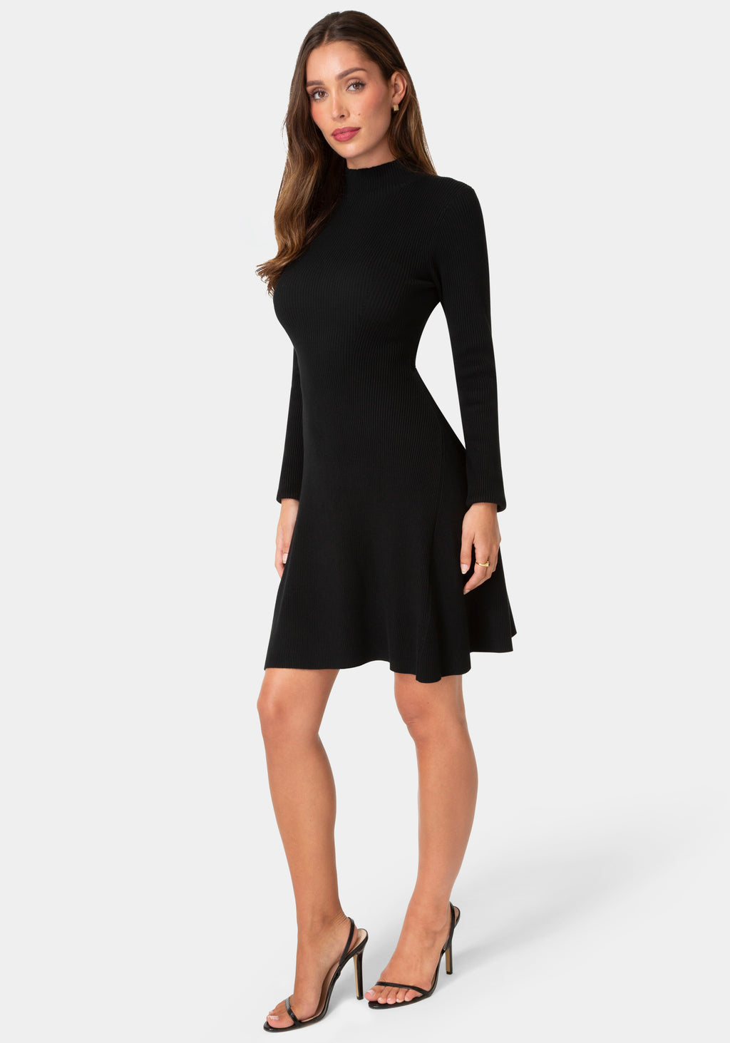 Side View-Sweater Mock Neck Long Sleeve Dress-Black