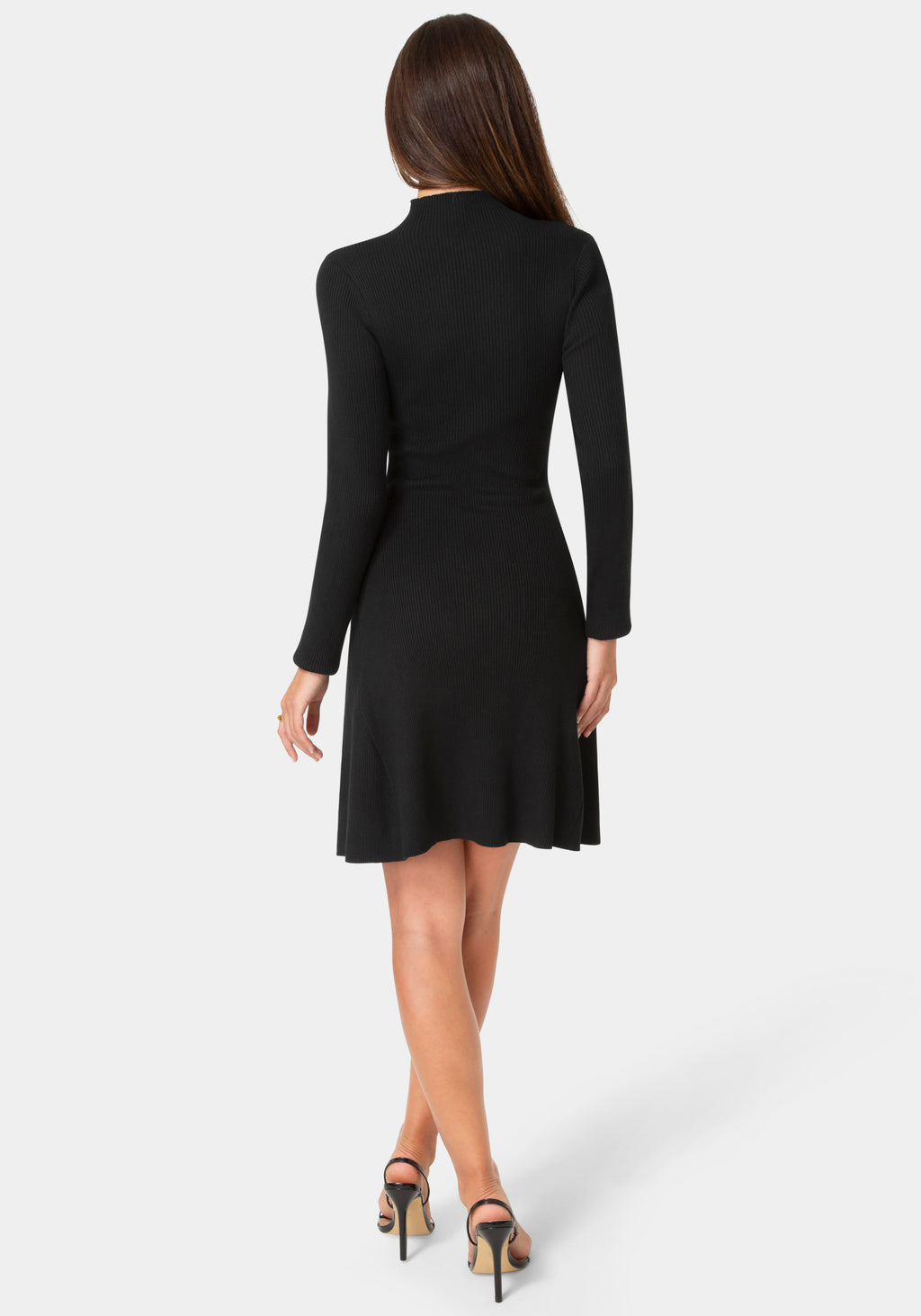 Back View-Sweater Mock Neck Long Sleeve Dress-Black