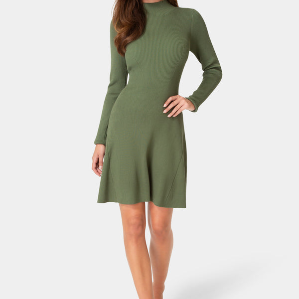 Front View-Sweater Mock Neck Long Sleeve Dress-Olive