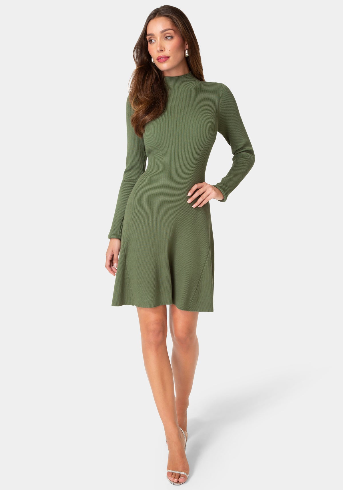 Front View-Sweater Mock Neck Long Sleeve Dress-Olive