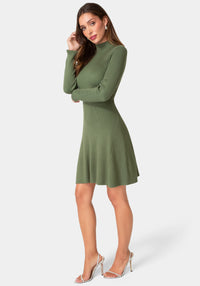 Side View-Sweater Mock Neck Long Sleeve Dress-Olive