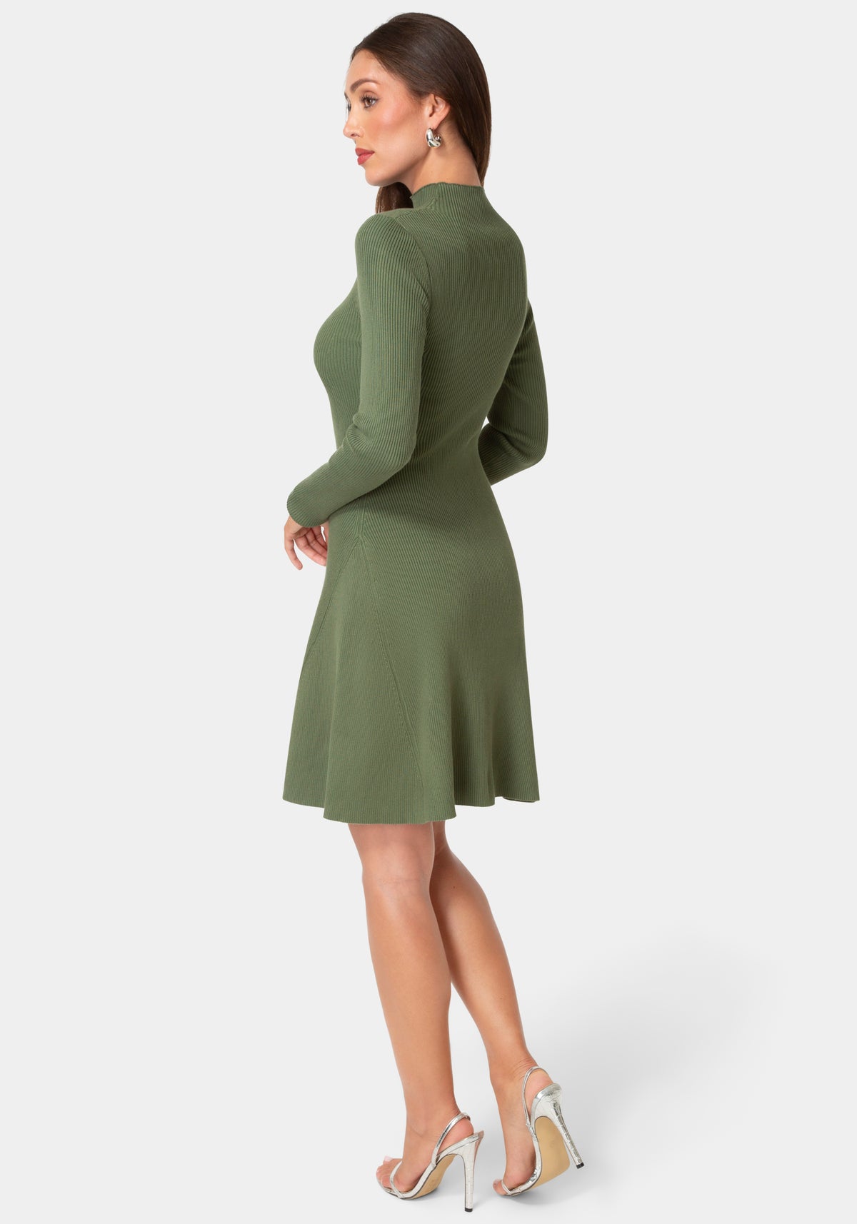 Back View-Sweater Mock Neck Long Sleeve Dress-Olive