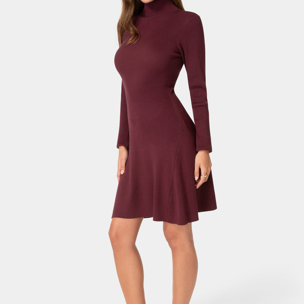 Side View-Sweater Mock Neck Long Sleeve Dress-Wine