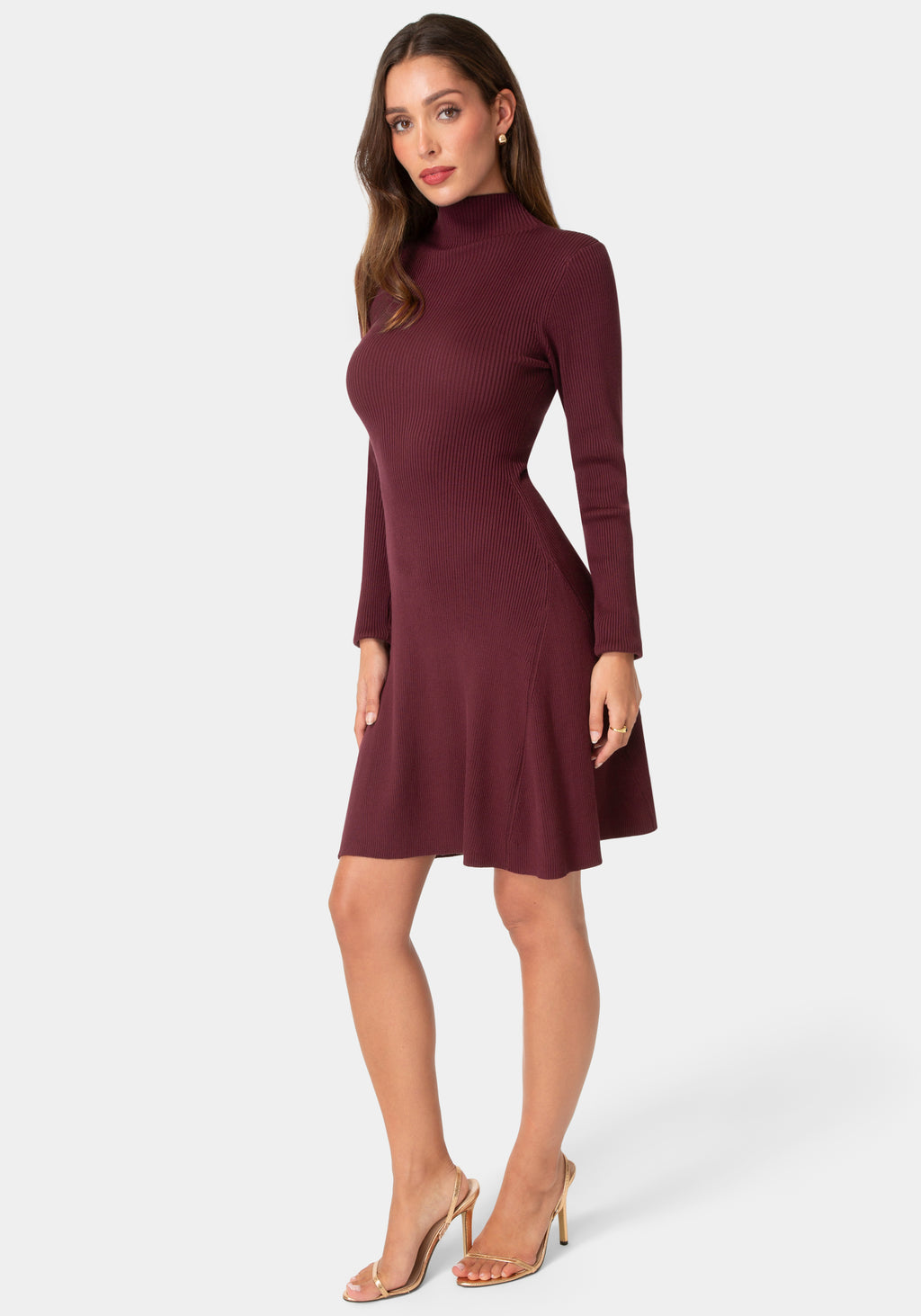 Side View-Sweater Mock Neck Long Sleeve Dress-Wine