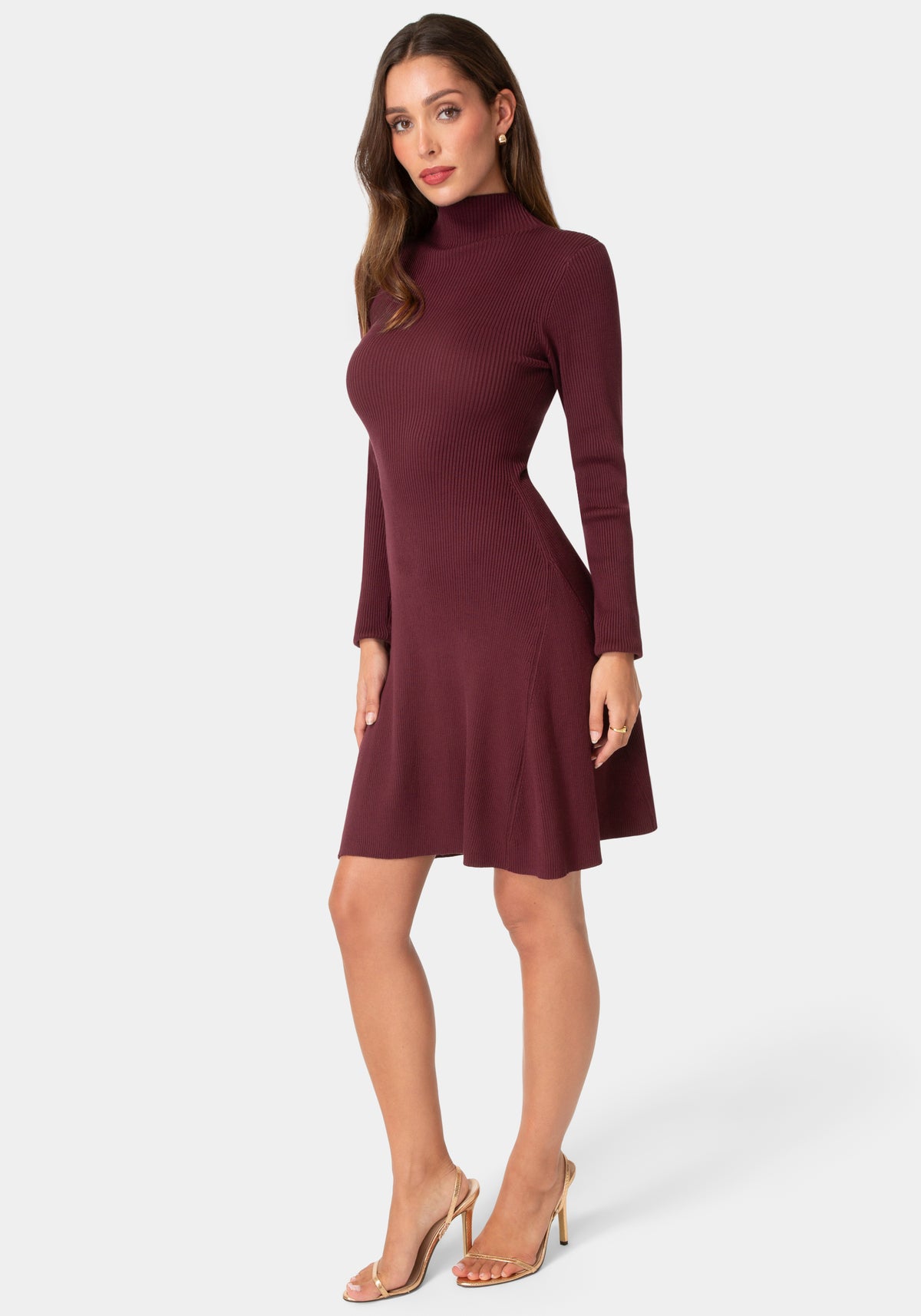 Side View-Sweater Mock Neck Long Sleeve Dress-Wine
