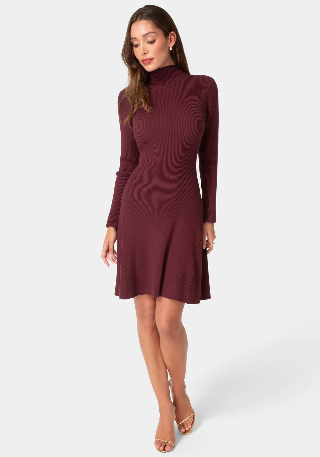 Front View-Sweater Mock Neck Long Sleeve Dress-Wine