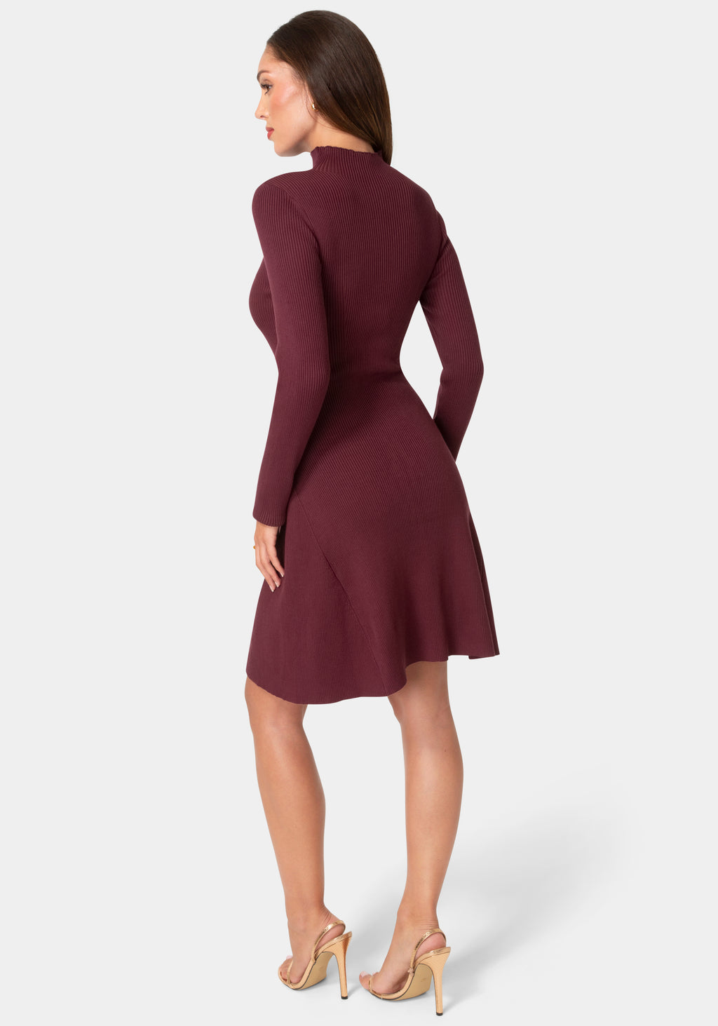 Back View-Sweater Mock Neck Long Sleeve Dress-Wine
