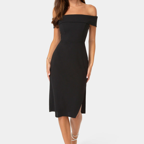 Front View-OFF SHOULDER MIDI DRESS-Black