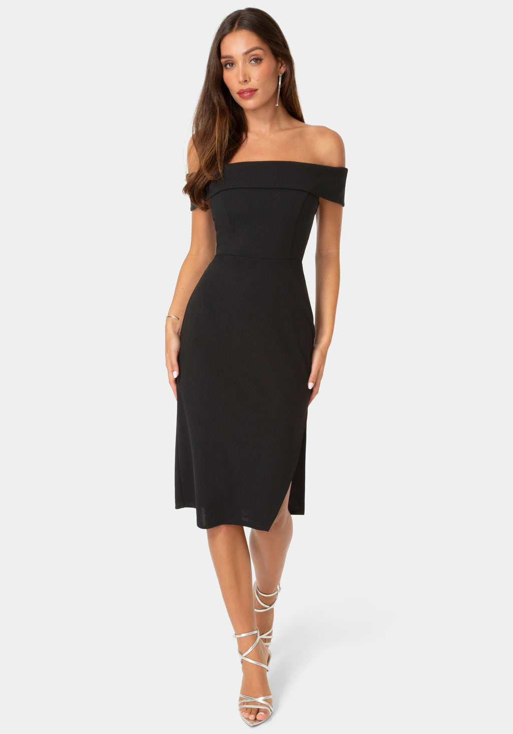 Front View-OFF SHOULDER MIDI DRESS-Black
