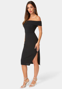 Side View-OFF SHOULDER MIDI DRESS-Black