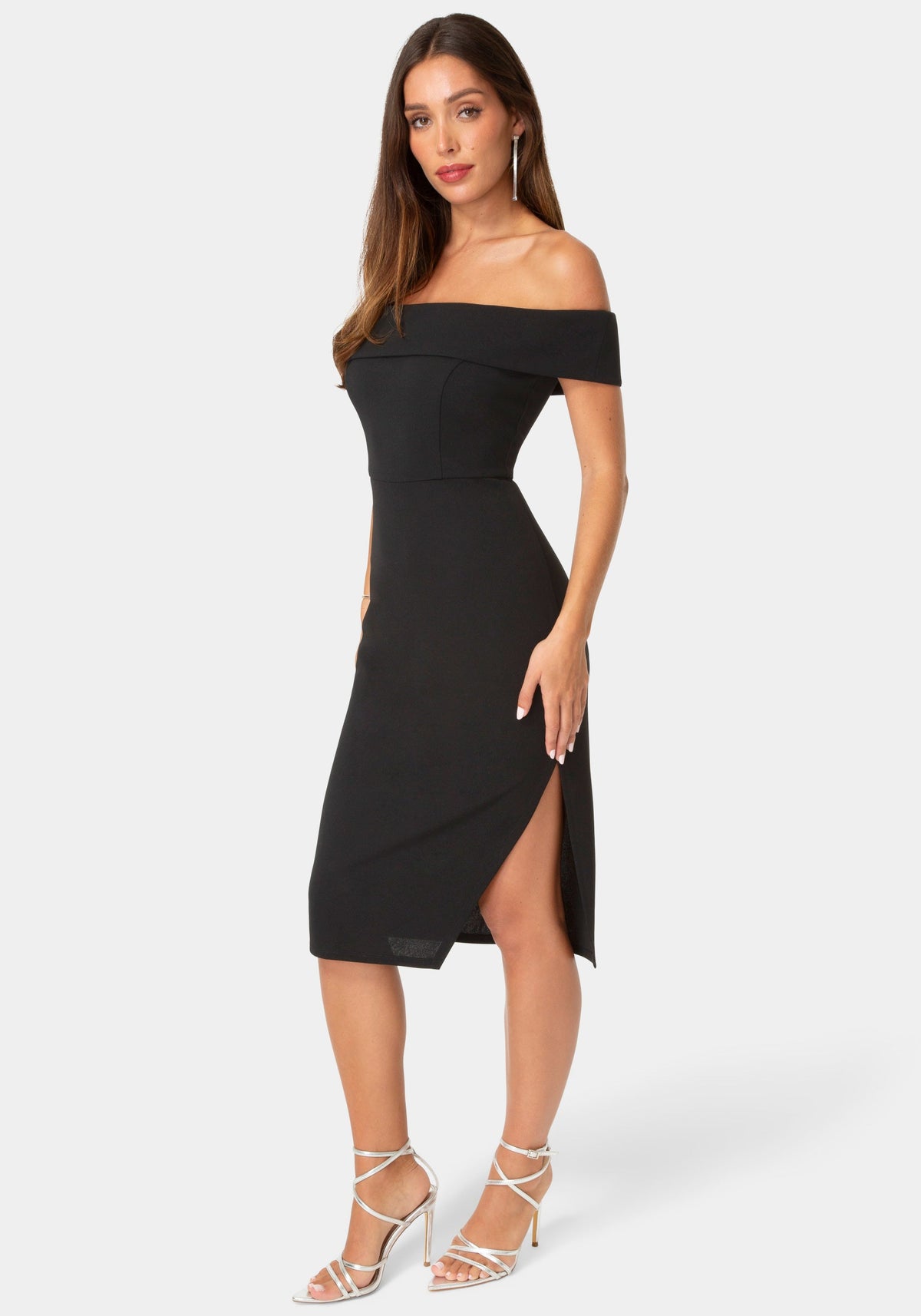 Side View-OFF SHOULDER MIDI DRESS-Black