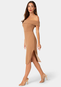 Side View-OFF SHOULDER MIDI DRESS-Mocha