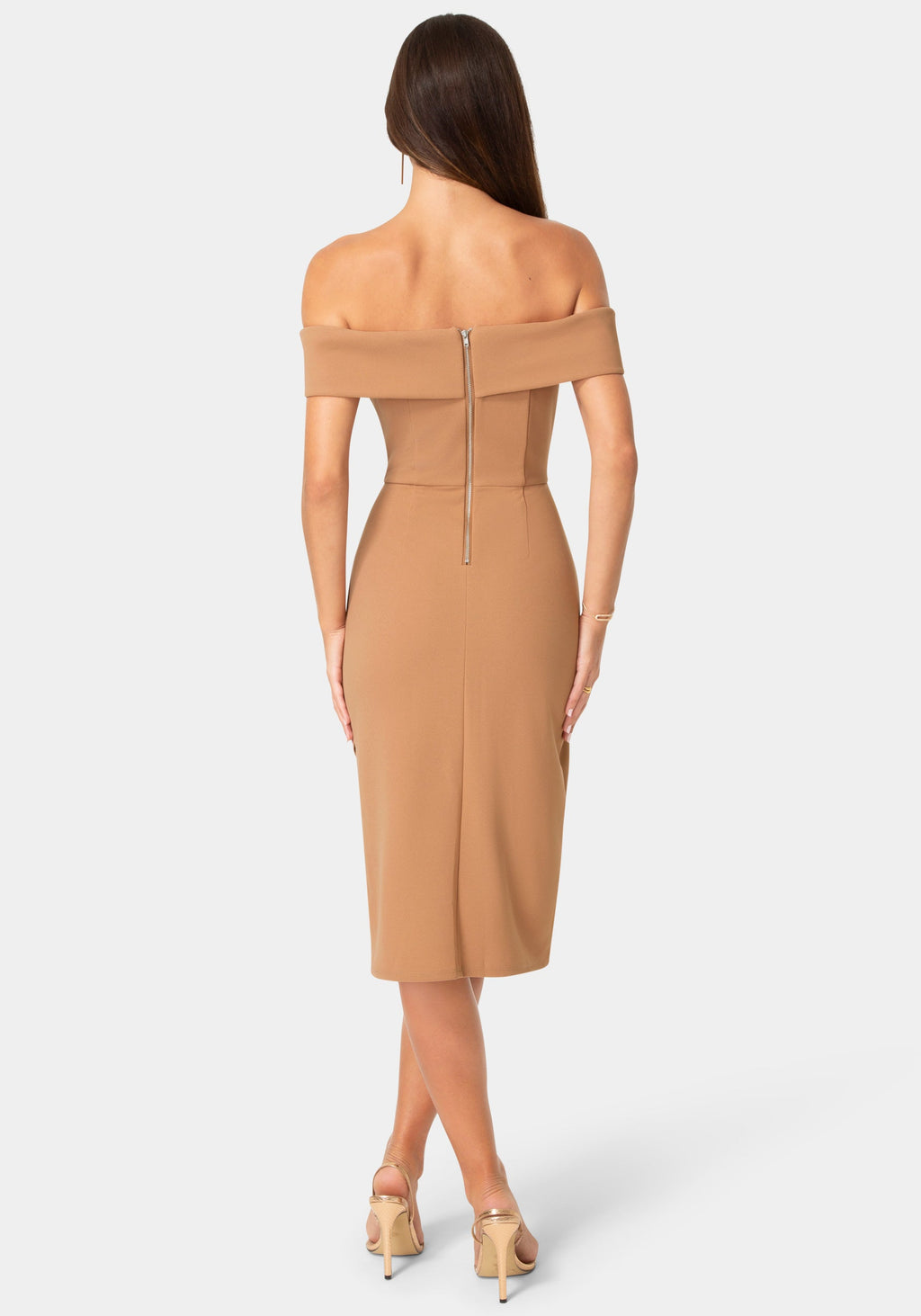 Back View-OFF SHOULDER MIDI DRESS-Mocha