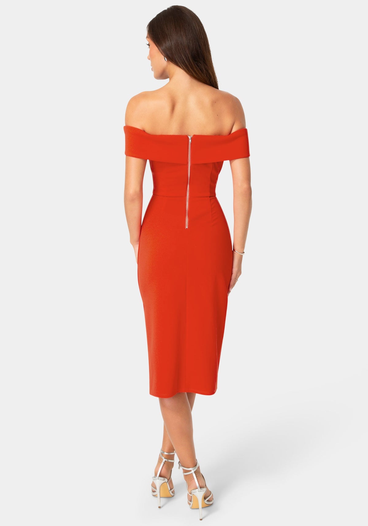 Back View-OFF SHOULDER MIDI DRESS-Red