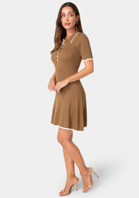 Side View-Color Block Sweater Short Sleeve Dress-Mocha White