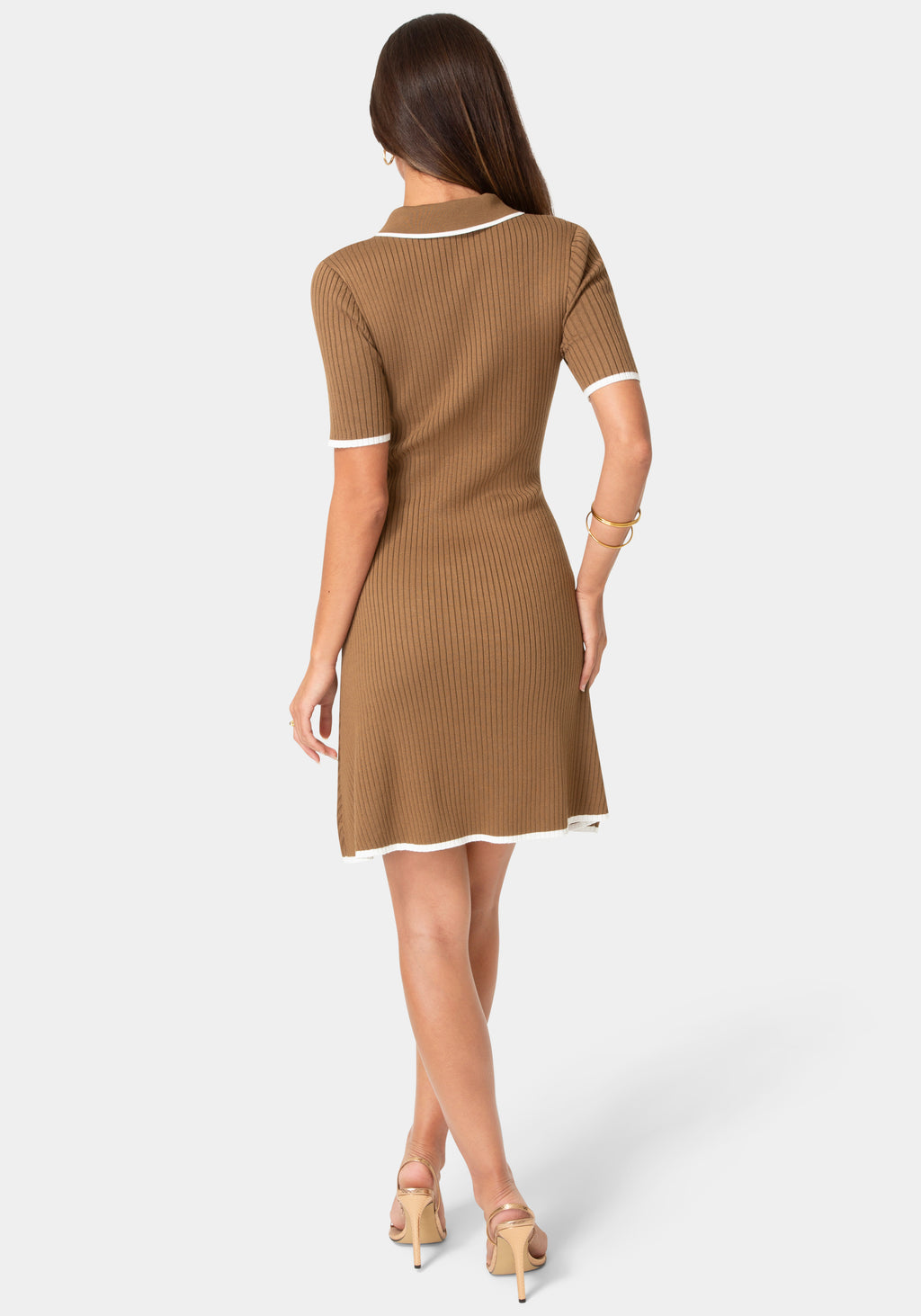 Back View-Color Block Sweater Short Sleeve Dress-Mocha White