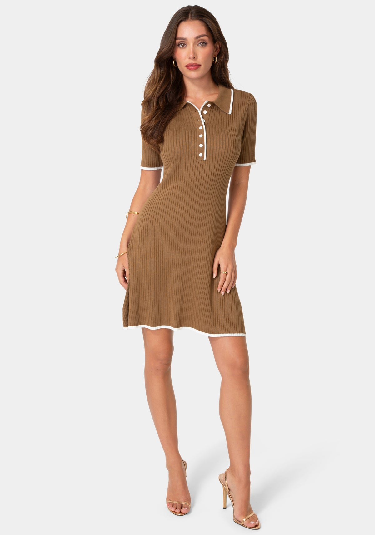 Front View-Color Block Sweater Short Sleeve Dress-Mocha White
