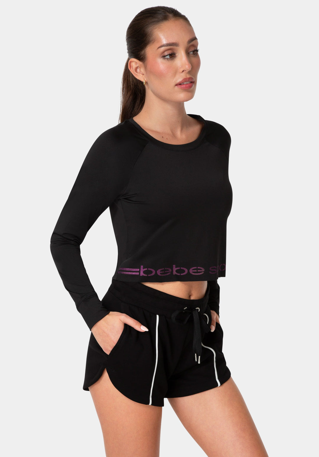 Side View-BEBE SPORT LONG SLEEVE LASER CUT TOP-BLACK / IRIDESCENT