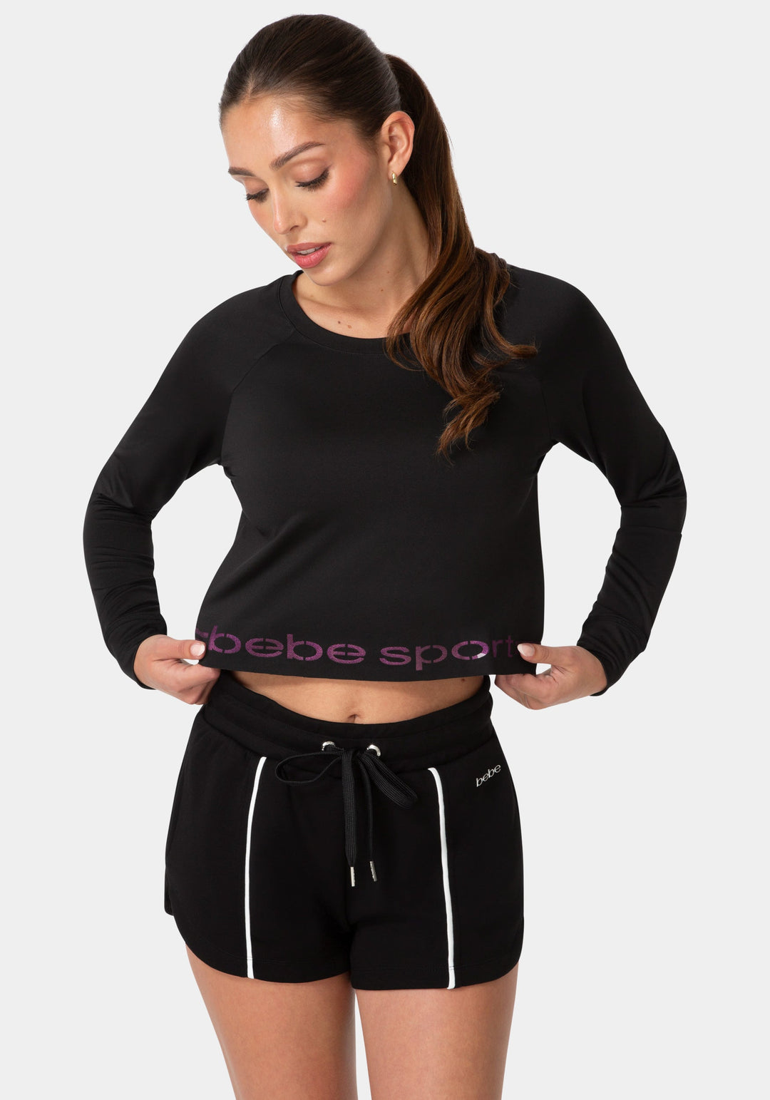 Front View-BEBE SPORT LONG SLEEVE LASER CUT TOP-BLACK / IRIDESCENT