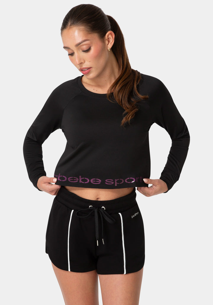 Front View-BEBE SPORT LONG SLEEVE LASER CUT TOP-BLACK / IRIDESCENT