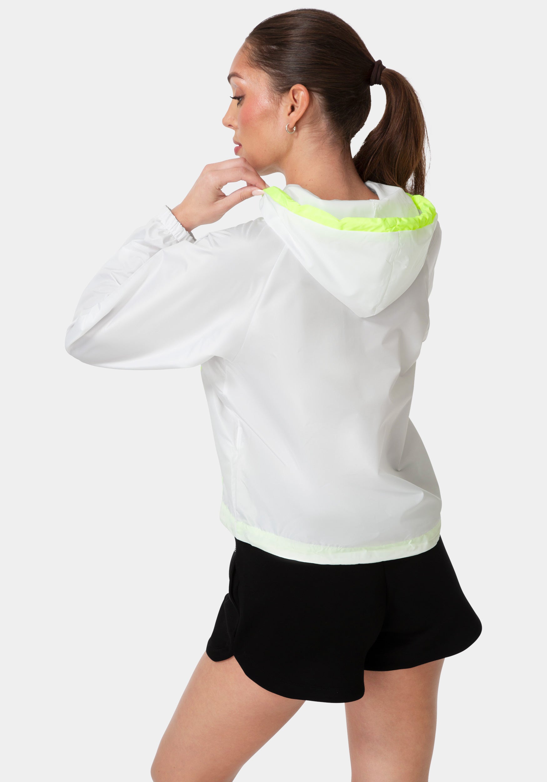 Back View-BEBE HALF ZIP PACKABLE WOVEN JACKET-WHITE