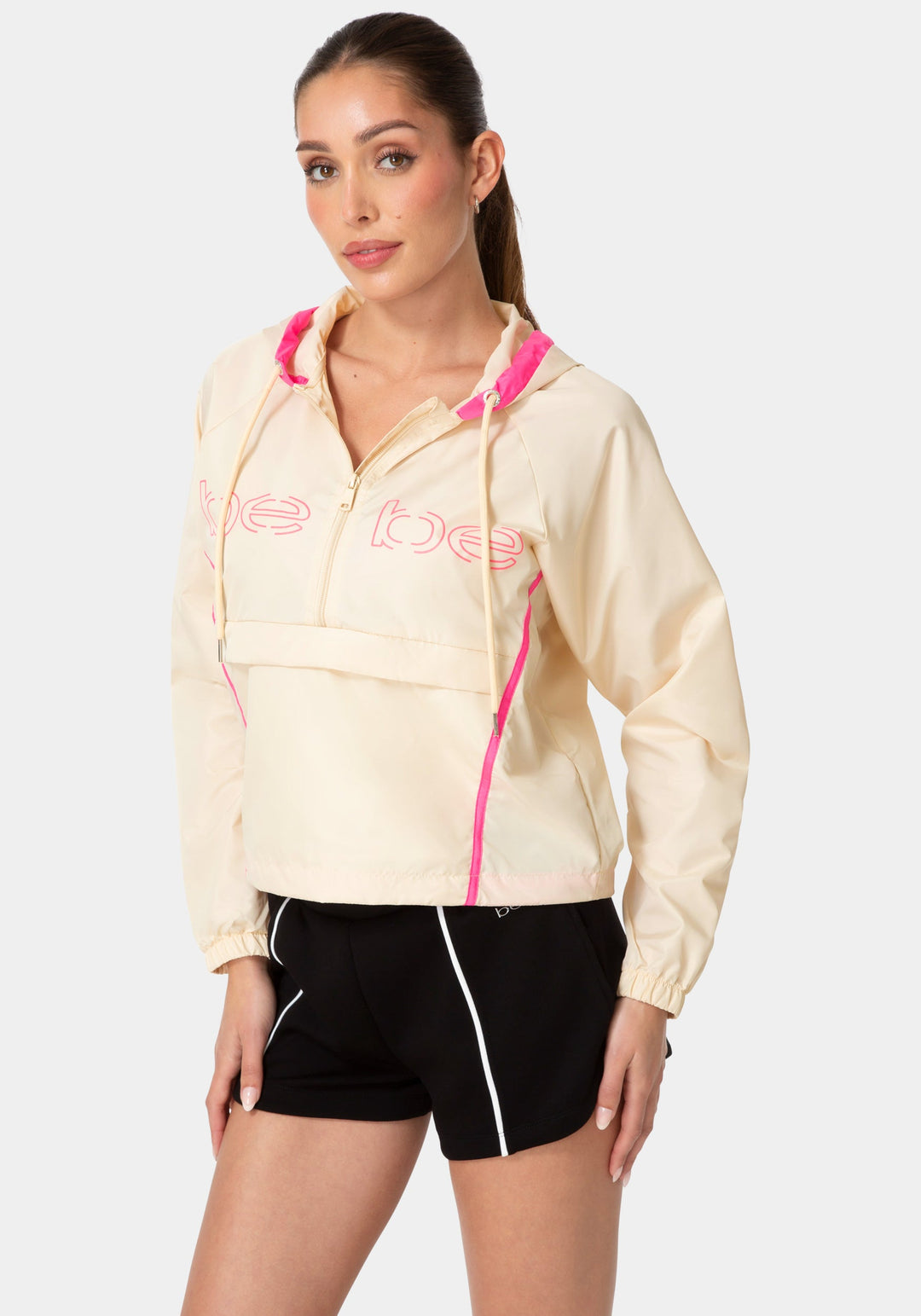 Side View-BEBE HALF ZIP PACKABLE WOVEN JACKET-IVORY