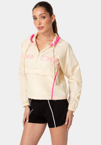 Side View-BEBE HALF ZIP PACKABLE WOVEN JACKET-IVORY