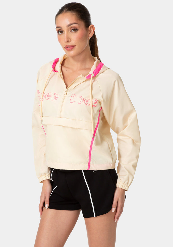 Side View-BEBE HALF ZIP PACKABLE WOVEN JACKET-IVORY