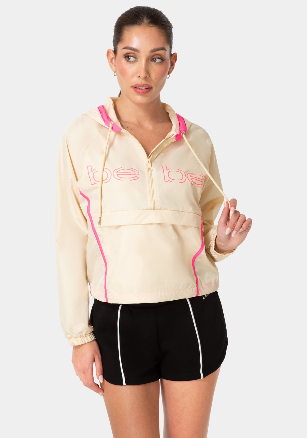 Front View-BEBE HALF ZIP PACKABLE WOVEN JACKET-IVORY