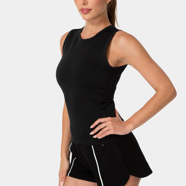 Side View-DOUBLE FRONT SEAMLESS TANK WITH FOIL LOGO-BLACK