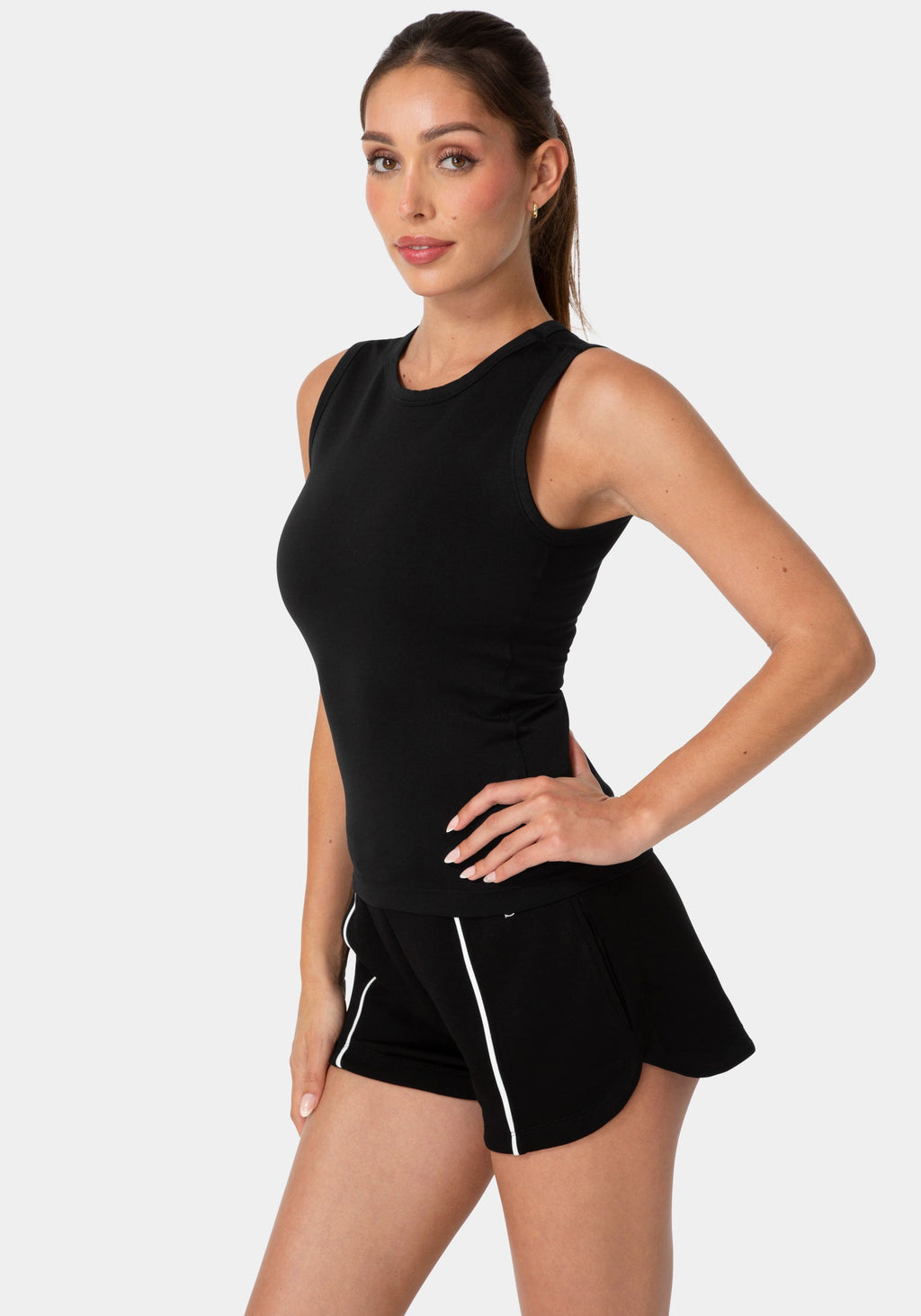 Side View-DOUBLE FRONT SEAMLESS TANK WITH FOIL LOGO-BLACK