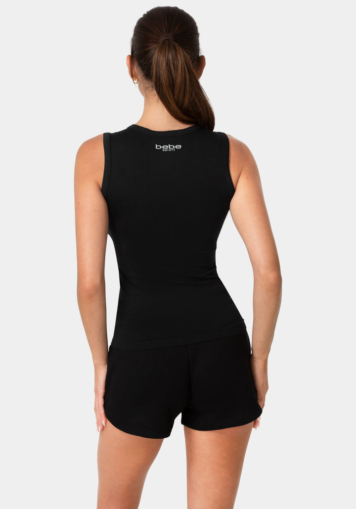 Back View-DOUBLE FRONT SEAMLESS TANK WITH FOIL LOGO-BLACK