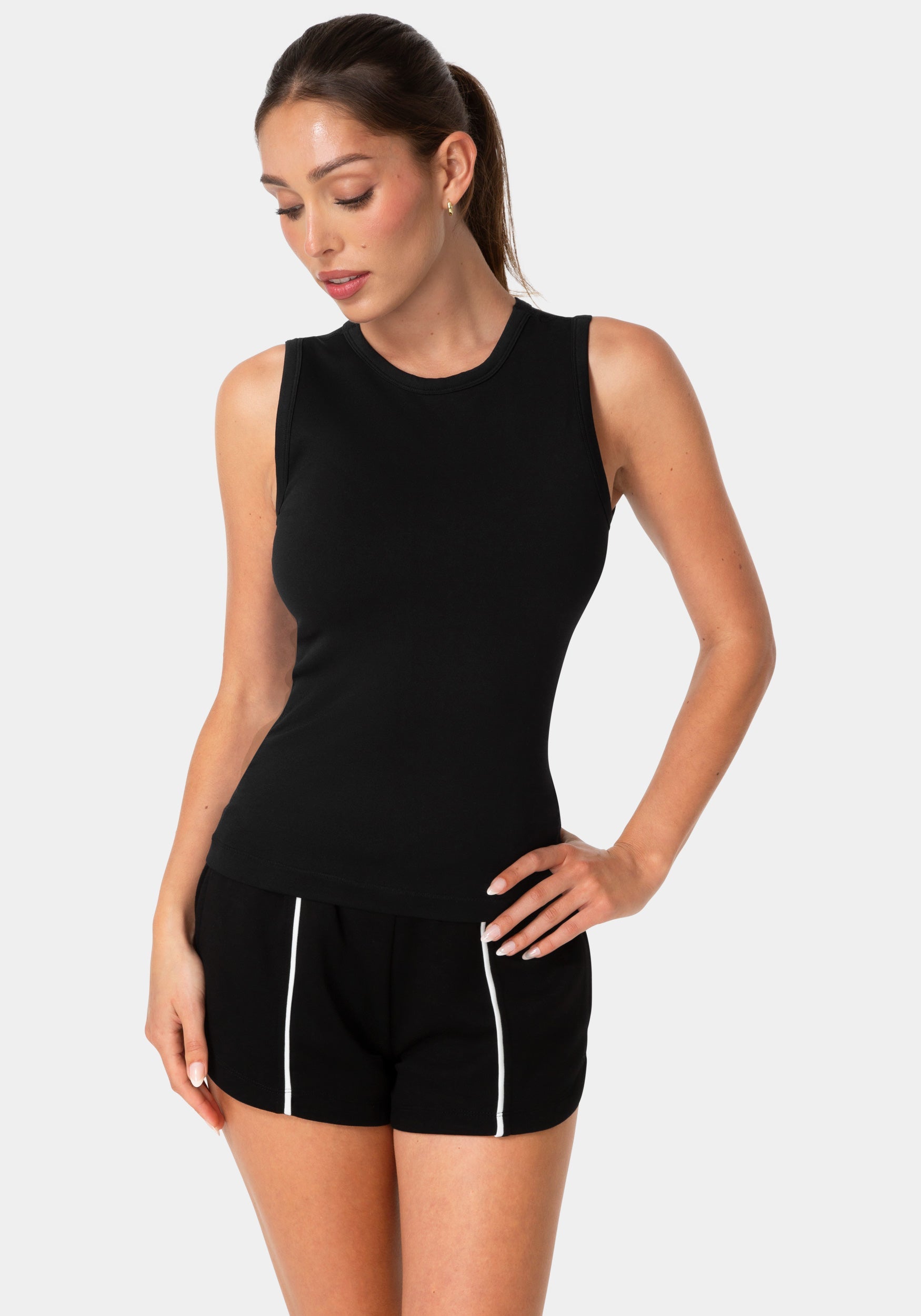 Front View-DOUBLE FRONT SEAMLESS TANK WITH FOIL LOGO-BLACK