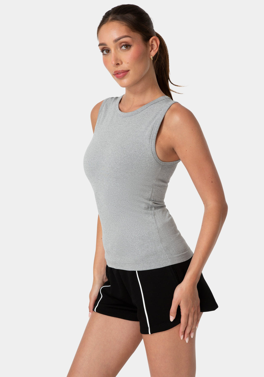 Side View-DOUBLE FRONT SEAMLESS TANK WITH FOIL LOGO-HEATHER GREY