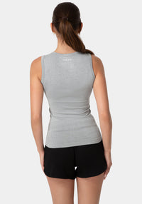 Back View-DOUBLE FRONT SEAMLESS TANK WITH FOIL LOGO-HEATHER GREY