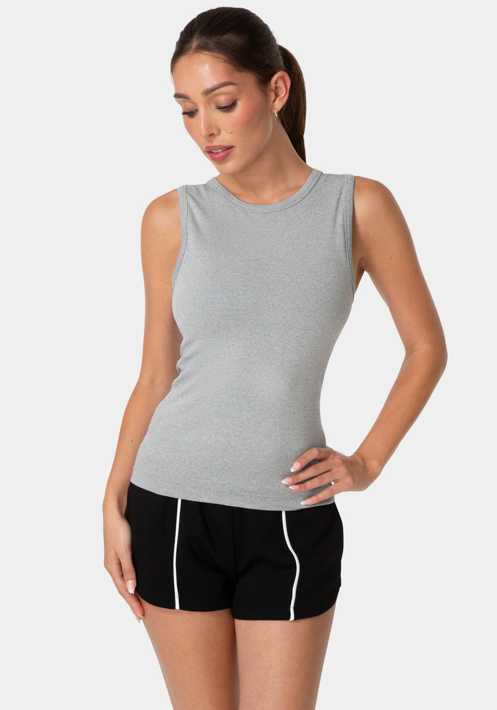 Front View-DOUBLE FRONT SEAMLESS TANK WITH FOIL LOGO-HEATHER GREY