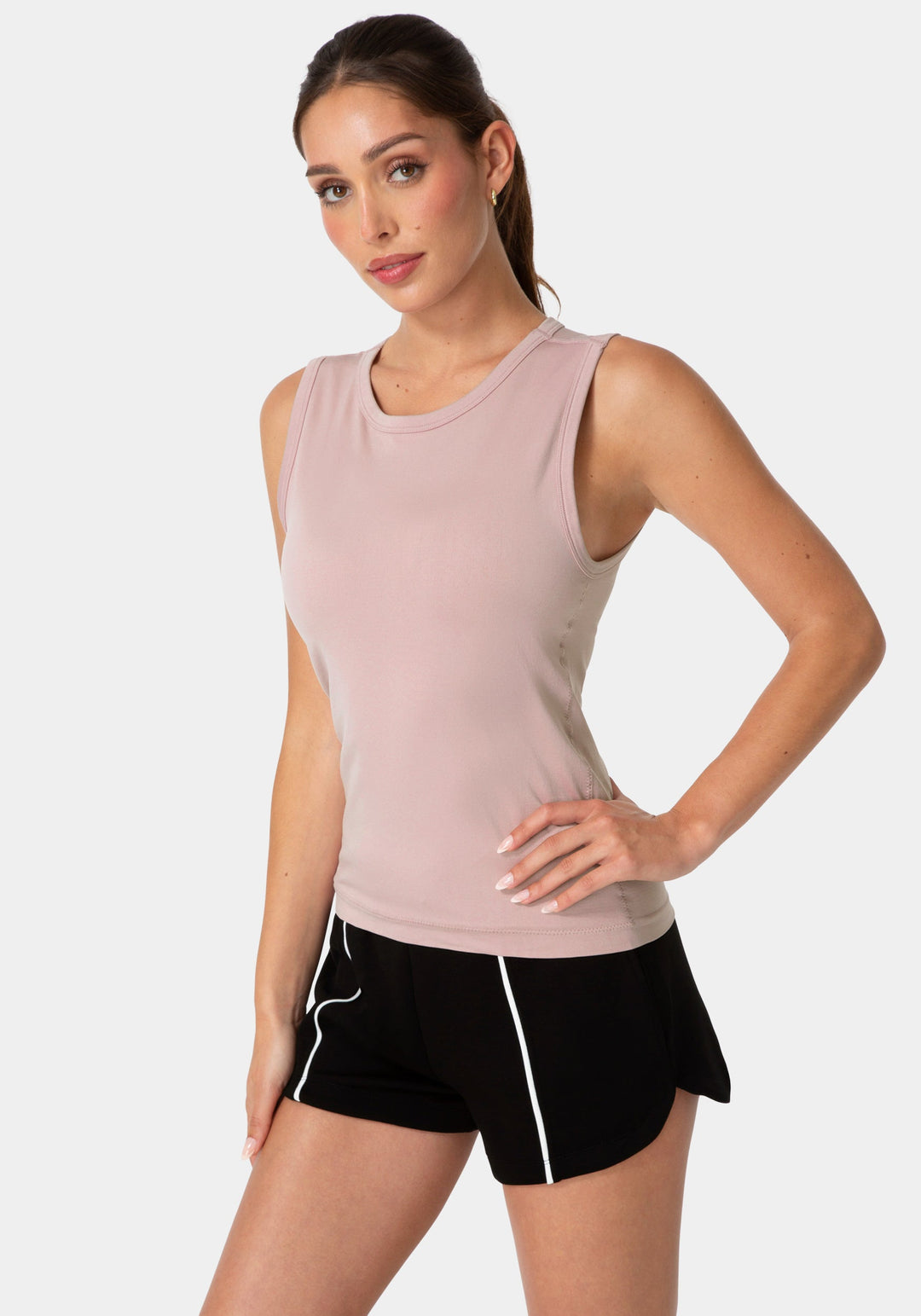 Side View-DOUBLE FRONT SEAMLESS TANK WITH FOIL LOGO-MAUVE SHADOW