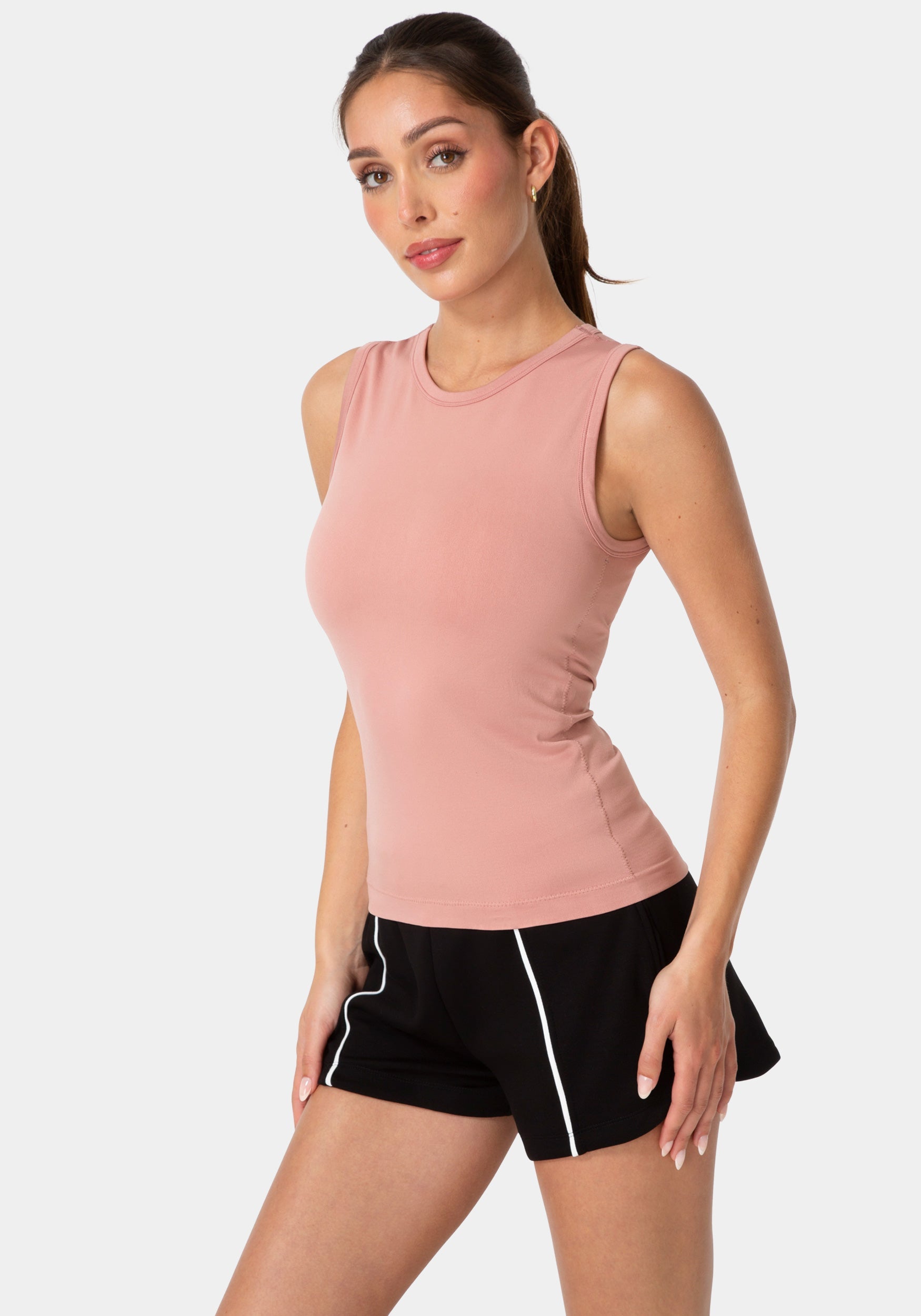 Side View-DOUBLE FRONT SEAMLESS TANK WITH FOIL LOGO-ROSE DUST