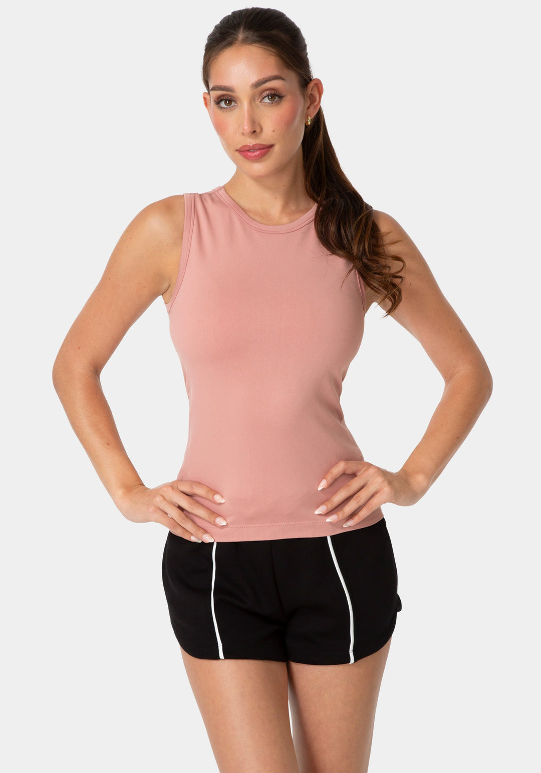 Front View-DOUBLE FRONT SEAMLESS TANK WITH FOIL LOGO-ROSE DUST