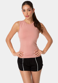 Front View-DOUBLE FRONT SEAMLESS TANK WITH FOIL LOGO-ROSE DUST