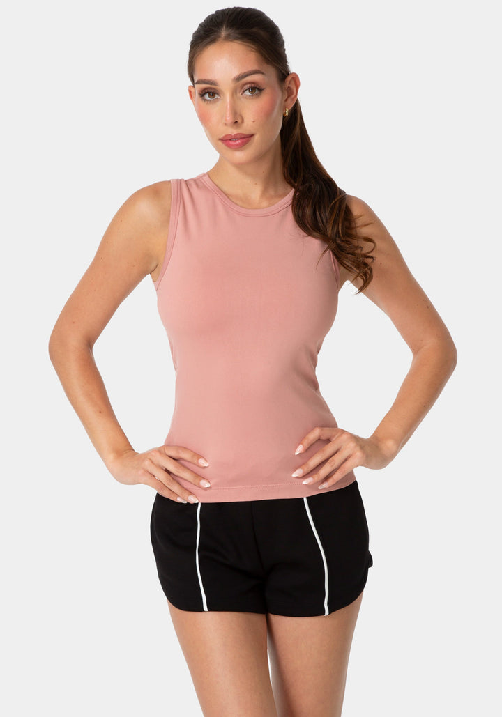 Front View-DOUBLE FRONT SEAMLESS TANK WITH FOIL LOGO-ROSE DUST