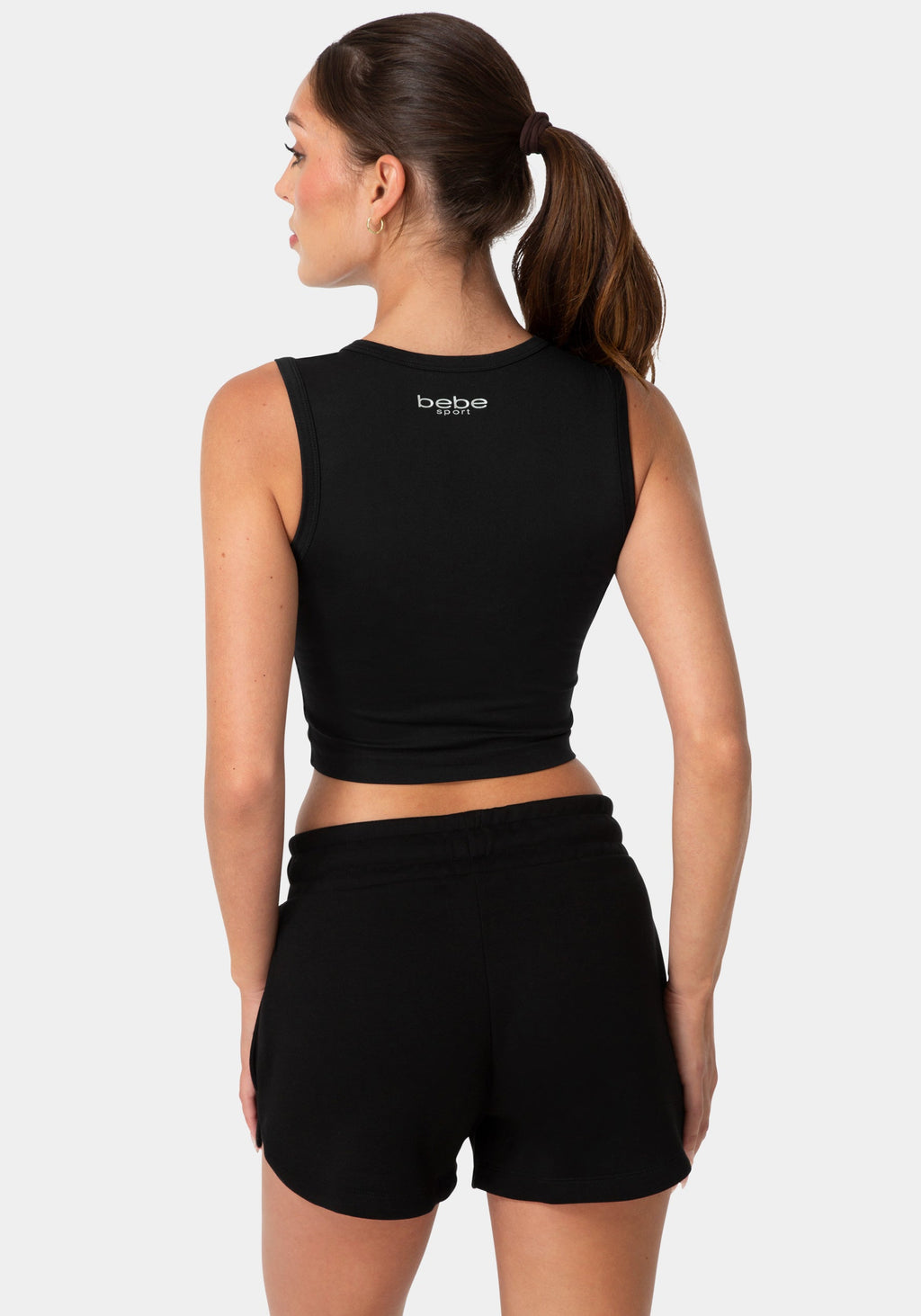 Back View-DOUBLE FRONT SEAMLESS CROPPED TANK WITH FOIL LOGO-BLACK